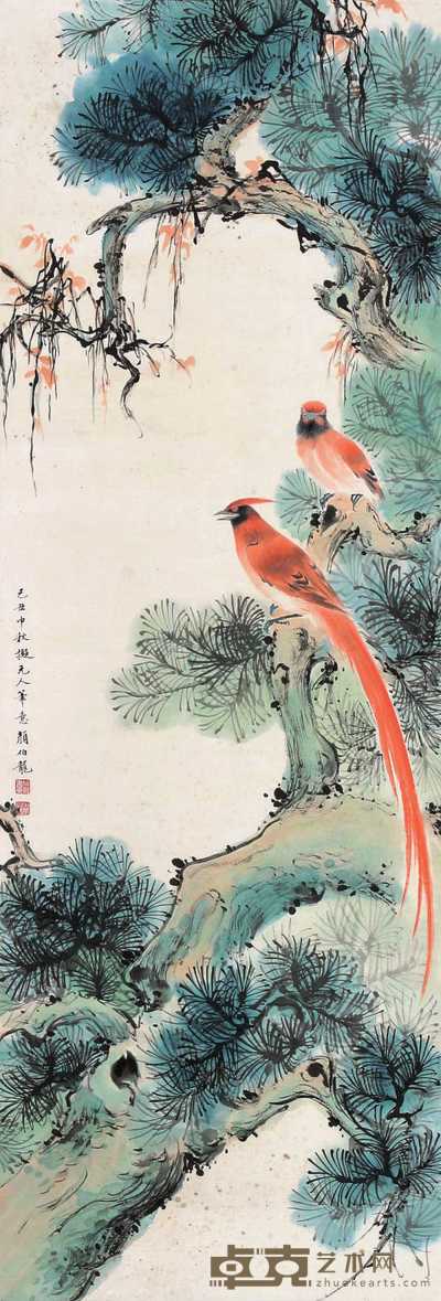 颜伯龙（款） 花鸟 立轴 135×46cm